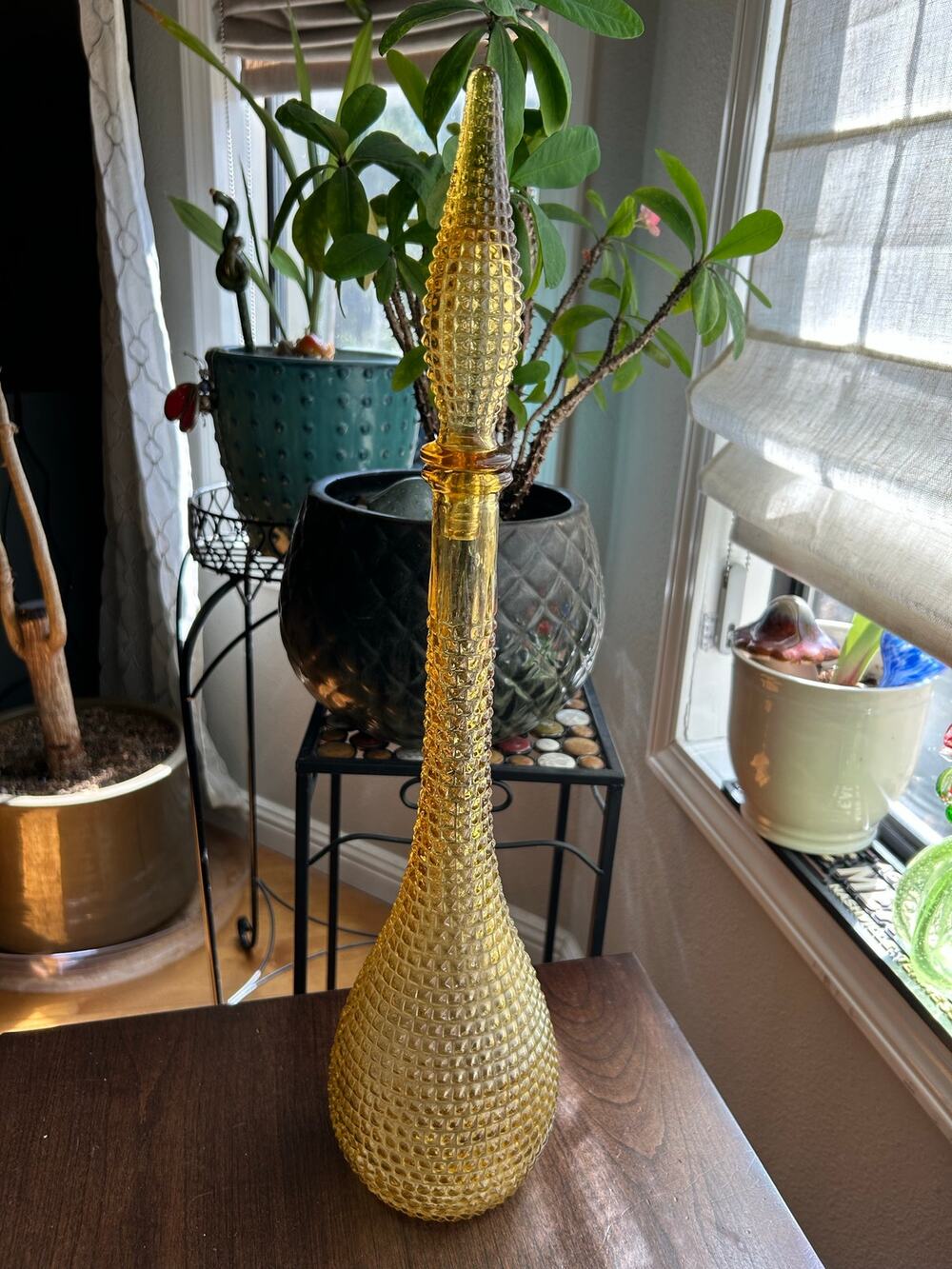 Vintage Empoli Amber Glass Genie Bottle Decanter with Stopper Italian 21.5" MCM